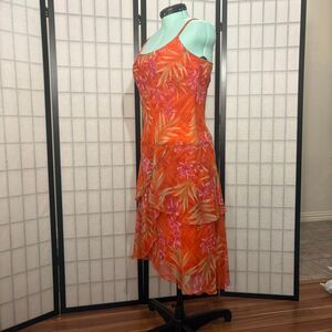 orange and pink summer floral midi sundress with tiered ruffled skirt